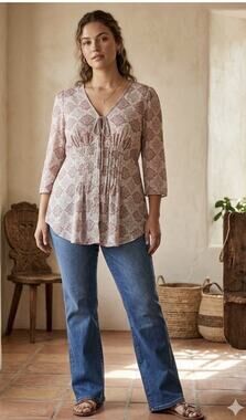 Wrap London Boho Medallion Print Pleated Tie Front Tunic Blouse L 100% Cotton